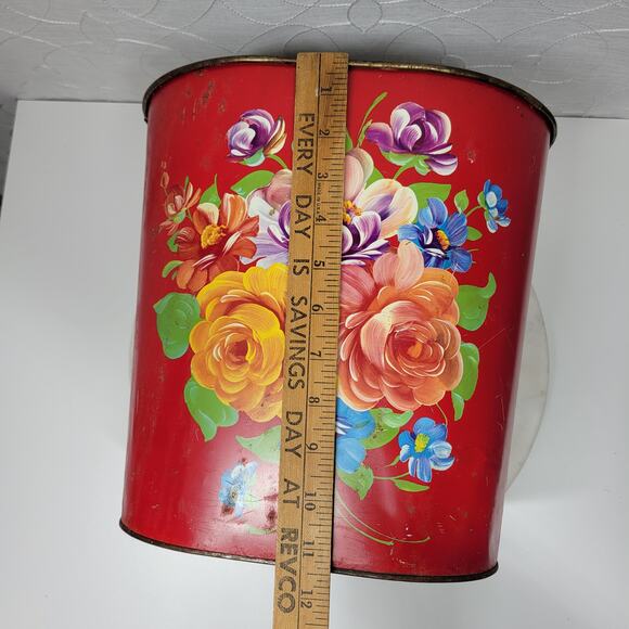 VTG Harvell Tolled Metal Trash Can 12" Red Floral Painted Oval MCM Wastebasket - Picture 11 of 16